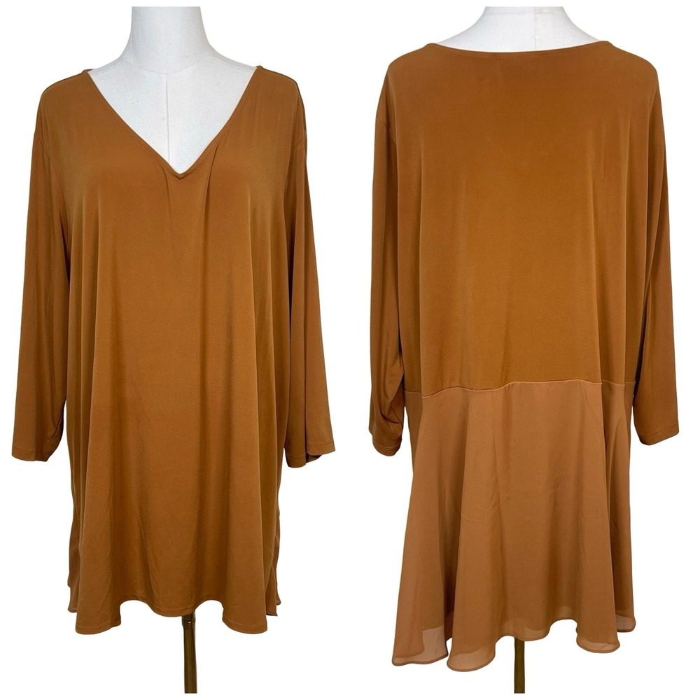 Susan Graver Liquid Knit V-Neck Tunic Womens 3X Mustard Yellow Peplum Back